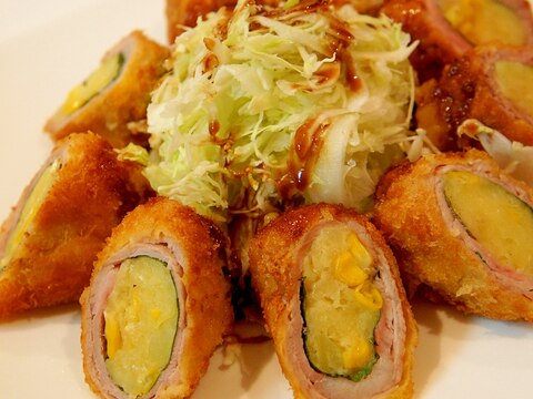 大地の恵みを巻きました☆豚もも肉のロールカツ